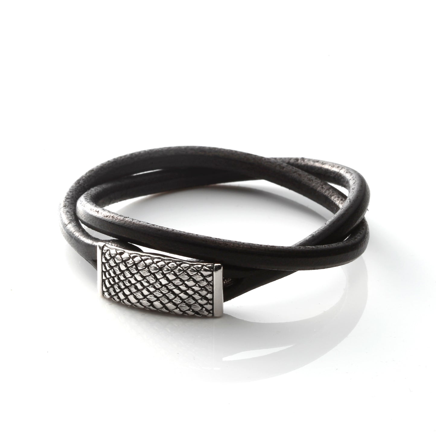 Square Leather Bracelet  - Silver Python Snake -